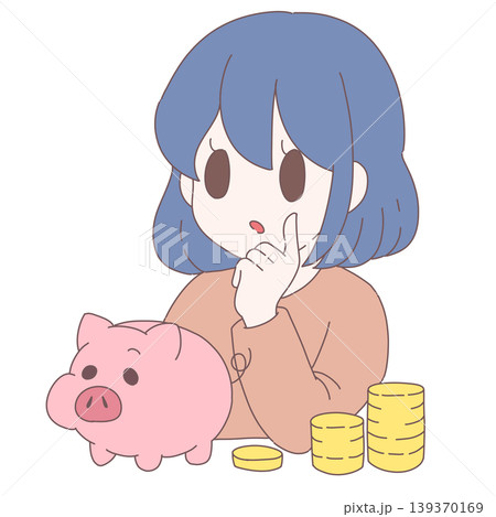 貯金について考える女性とブタの貯金箱・お金のイメージイラスト 貯金について考える女性とブタの貯金箱・お金のイメージイラスト 139370169
