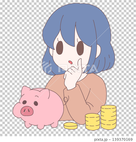 貯金について考える女性とブタの貯金箱・お金のイメージイラスト 貯金について考える女性とブタの貯金箱・お金のイメージイラスト 139370169