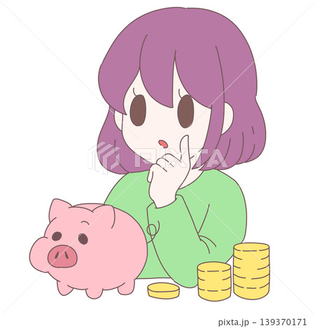 貯金について考える女性とブタの貯金箱・お金のイメージイラスト 139370171