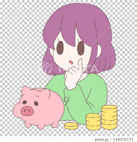 貯金について考える女性とブタの貯金箱・お金のイメージイラスト 139370171