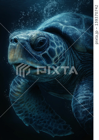 Sea turtle swims in the ocean. Blue underwater lighting highlights its textured shell. Sea turtle swims in the ocean. Blue underwater lighting highlights its textured shell. 139370742