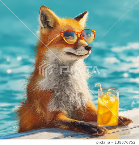 Fox wearing orange sunglasses lounges poolside. A glass of orange juice sits beside the fox. 139370752