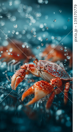 Crab swims in the ocean among bubbles. Vivid red shell contrasts with blue water for a bold close up. Crab swims in the ocean among bubbles. Vivid red shell contrasts with blue water for a bold close up. 139370779