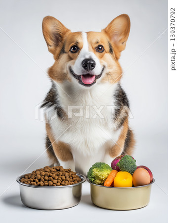 Pembroke Welsh Corgi sits beside two bowls of kibble and fresh vegetables in a studio. Bright lighting and a cheerful grin emphasize healthy dog meals. 139370792