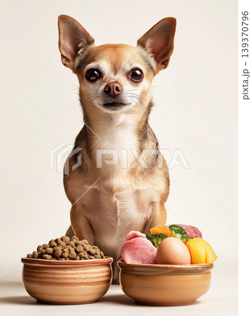 Chihuahua sits between two bowls of food in a studio. Two bowls display kibble and fresh ingredients. 139370796