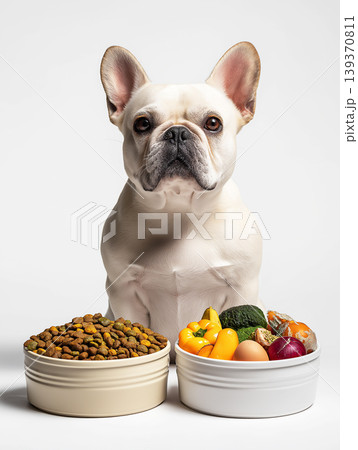 French bulldog sits in a studio in front of two bowls of food. Colorful vegetables and kibble fill the bowls in front of the dog. French bulldog sits in a studio in front of two bowls of food. Colorful vegetables and kibble fill the bowls in front of the dog. 139370811
