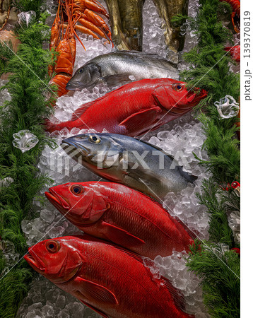 Red snapper and blue fish lie on ice in a seafood market. Fresh catches are on display with bright lighting and green garnish. Red snapper and blue fish lie on ice in a seafood market. Fresh catches are on display with bright lighting and green garnish. 139370819