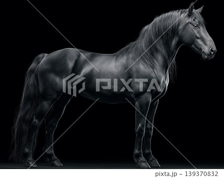 Black horse standing on a black background. Studio lighting highlights sculpted muscles. 139370832