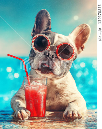 French Bulldog wearing red goggles happily drinks red juice by the pool. A playful poolside moment under bright sunlight. 139370838