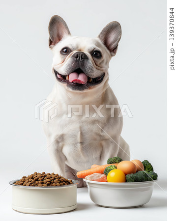 French bulldog sits beside two food bowls in studio. Kibble and fresh vegetables illustrate a complete dog meal. 139370844