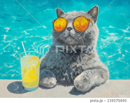 Cat wearing orange sunglasses sits poolside with a yellow drink. Bright turquoise water sets a sunny playful mood. Cat wearing orange sunglasses sits poolside with a yellow drink. Bright turquoise water sets a sunny playful mood. 139370895
