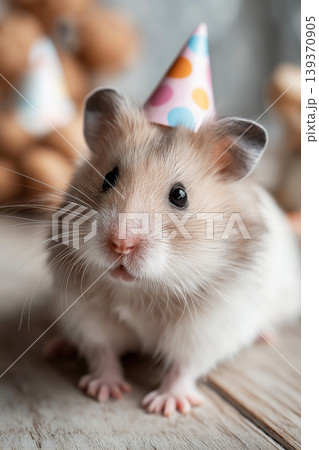 Hamster wearing a colorful party hat on a wooden floor. Colorful party decorations create a festive mood. Hamster wearing a colorful party hat on a wooden floor. Colorful party decorations create a festive mood. 139370905