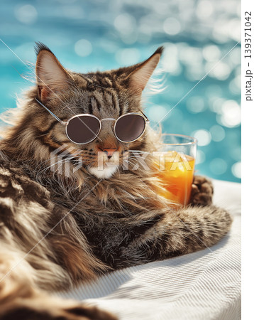 Cat lounging poolside wearing round sunglasses. Sunlit pool scene with cat and orange juice glass. Cat lounging poolside wearing round sunglasses. Sunlit pool scene with cat and orange juice glass. 139371042