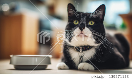 Black and white cat rests by a pet bowl in the living room. A patterned collar sits around its neck. 139371138