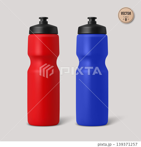 Vector 3d Sports Water Bottle Set. Red and Blue Plastic Fitness Bottles Isolated. Reusable Drink Bottle Collection. Gym Hydration Design 139371257