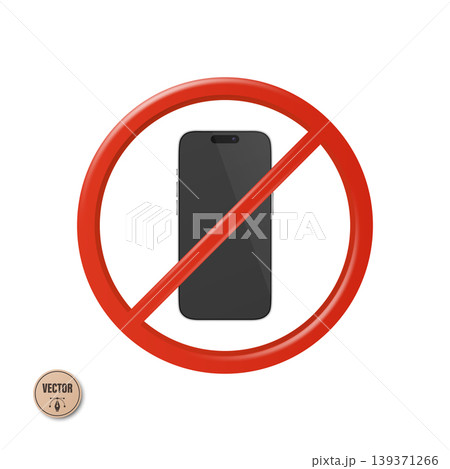 No Mobile Phone Sign Vector Illustration. 3d Prohibited Smartphone Symbol with Red Circle and Diagonal Slash Isolated. No Cell Phone Warning Icon, Forbidden Device Sign 139371266