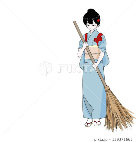 たすき掛けの着物女性　竹ぼうき　掃き掃除　和風 139371663