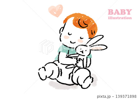 うさぎのぬいぐるみを大事そうに抱える赤ちゃんの手描きアナログ風イラスト うさぎのぬいぐるみを大事そうに抱える赤ちゃんの手描きアナログ風イラスト 139371898