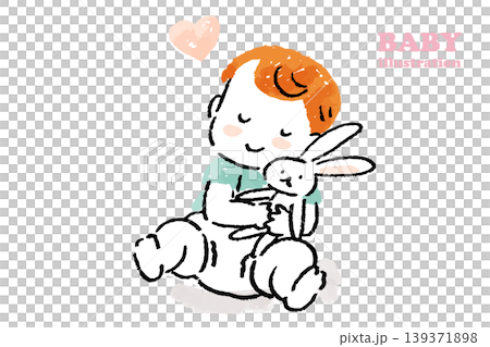 うさぎのぬいぐるみを大事そうに抱える赤ちゃんの手描きアナログ風イラスト うさぎのぬいぐるみを大事そうに抱える赤ちゃんの手描きアナログ風イラスト 139371898
