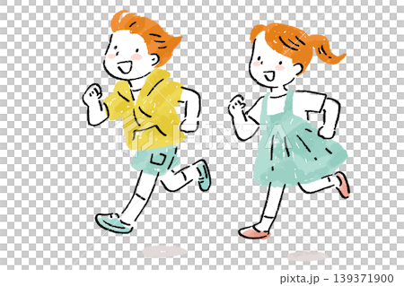 A hand-drawn, analog-style illustration of a smiling elementary school boy and girl running. 139371900