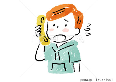 困った表情で電話する汗をかいた小学生の男の子の手描きイラスト 困った表情で電話する汗をかいた小学生の男の子の手描きイラスト 139371901