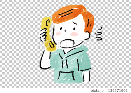 困った表情で電話する汗をかいた小学生の男の子の手描きイラスト 困った表情で電話する汗をかいた小学生の男の子の手描きイラスト 139371901