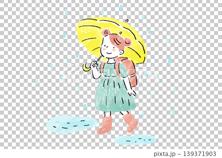 A hand-drawn illustration of a schoolgirl in a backpack walking in the rain with an umbrella. 139371903