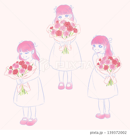 カーネーションの花束を持つ女の子のイラストセット 139372002