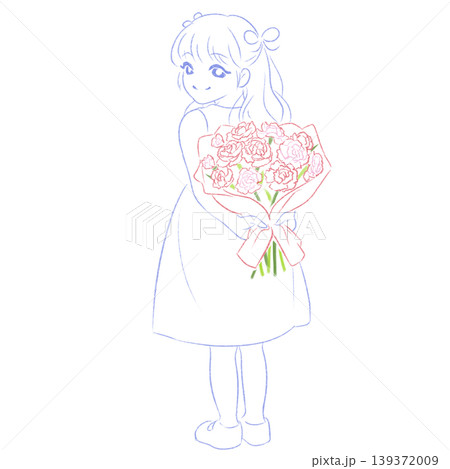 母の日にカーネーションの花束を背負う女の子のイラスト 線画・シンプル手描き風 139372009