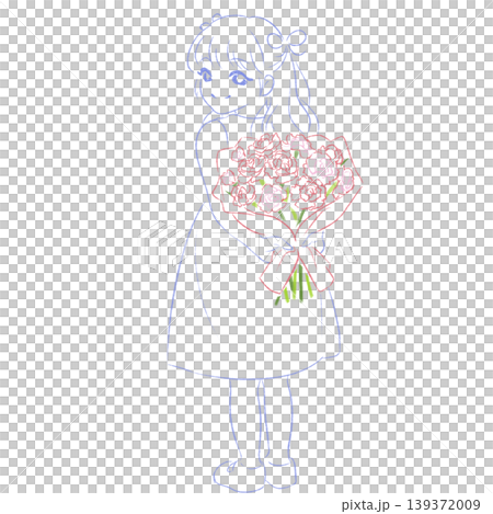 母の日にカーネーションの花束を背負う女の子のイラスト 線画・シンプル手描き風 139372009