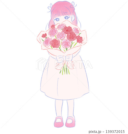 母の日にカーネーションの花束を持つピンク髪の女の子のイラスト 手描き風 母の日にカーネーションの花束を持つピンク髪の女の子のイラスト 手描き風 139372015