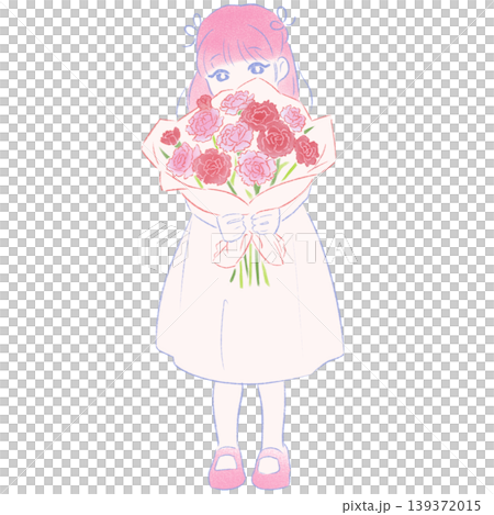 An illustration of a pink-haired girl holding a bouquet of carnations for Mother's Day (hand-drawn style) An illustration of a pink-haired girl holding a bouquet of carnations for Mother's Day (hand-drawn style) 139372015