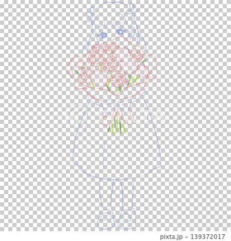 一幅描繪女孩手持康乃馨的母親節插畫。線條畫，簡潔的手繪風格。 139372017