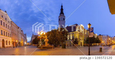 Market square in Swidnica Poland at blue hour with town hall tower and illuminated street 139372120