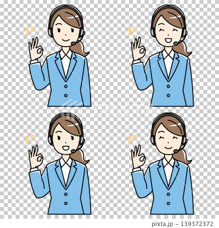 An illustration of a young woman in a suit and headset making an OK sign with a smile. An illustration of a young woman in a suit and headset making an OK sign with a smile. 139372372