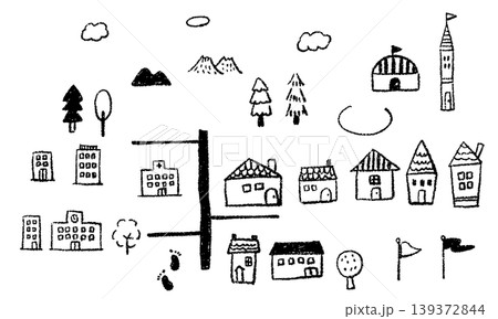 シンプルな手描きの街並み線画アイコンセット 139372844