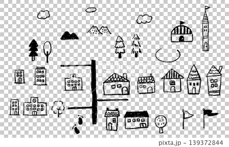 シンプルな手描きの街並み線画アイコンセット 139372844
