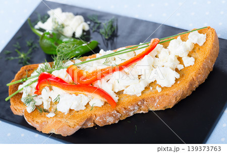 Bulgarian toast with brinsen cheese, bell pepper Bulgarian toast with brinsen cheese, bell pepper 139373763