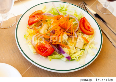Close up of Spanish vegeterian salad on white plate 139374186