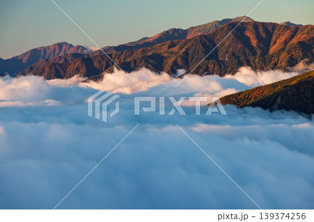 南アルプス・鳳凰三山・杖立峠から見る雲海と朝焼けの荒川岳 南アルプス・鳳凰三山・杖立峠から見る雲海と朝焼けの荒川岳 139374256