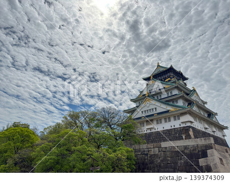 春の新緑と美しい鱗雲に包まれてそびえ立つ大阪城天守閣 2026.04.14 大阪市, 日本 139374309