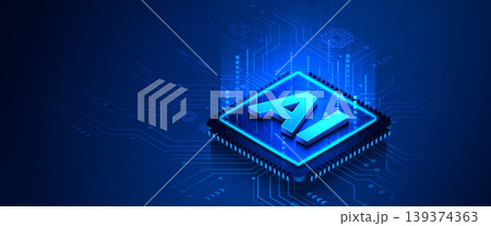 Artificial intelligence microchip on glowing blue circuit board digital technology vector banner Artificial intelligence microchip on glowing blue circuit board digital technology vector banner 139374363
