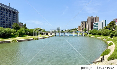 五月晴れの青空と新緑に彩られた乙川と殿橋〈乙川河川緑地(明代橋より)/愛知県岡崎市〉 五月晴れの青空と新緑に彩られた乙川と殿橋〈乙川河川緑地(明代橋より)/愛知県岡崎市〉 139374932