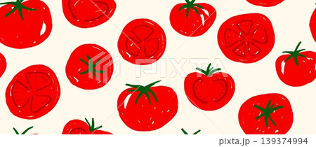 Seamless hand drawn tomato pattern. Red tomatoes doodle background. Repeated organic healthy food wallpaper design for poster, cover, fabric print. Repeating fresh farm vegetable backdrop. Vector 139374994