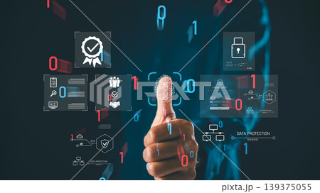 Fingerprint digital interface cybersecurity biometric authentication identity verification features data protection privacy secure access using thumb scan with binary code technology Fingerprint digital interface cybersecurity biometric authentication identity verification features data protection privacy secure access using thumb scan with binary code technology 139375055