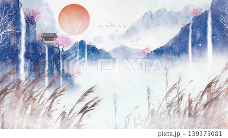 New Chinese and Japanese style landscape architecture illustration with traditional aesthetic art imagery New Chinese and Japanese style landscape architecture illustration with traditional aesthetic art imagery 139375081