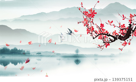 New Chinese and Japanese style landscape architecture illustration with traditional aesthetic art imagery 139375151