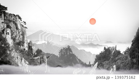 New Chinese and Japanese style landscape architecture illustration with traditional aesthetic art imagery 139375162