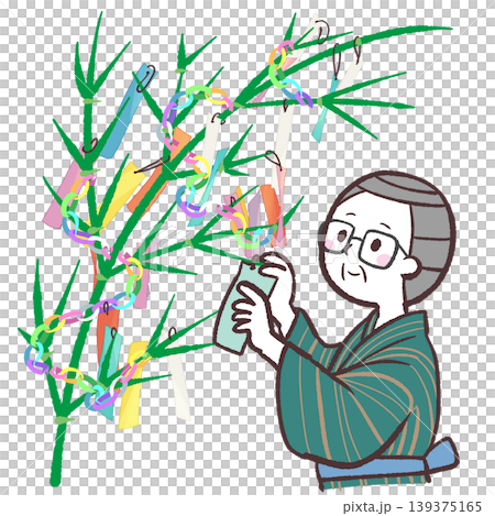 七夕飾りをつけるシニア男性のイラスト 139375165