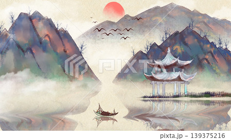 New Chinese and Japanese style landscape architecture illustration with traditional aesthetic art imagery New Chinese and Japanese style landscape architecture illustration with traditional aesthetic art imagery 139375216